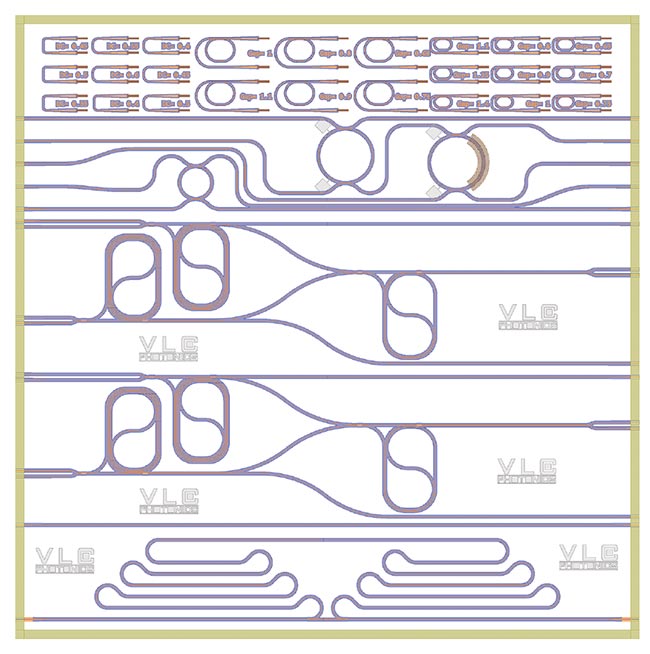 A silicon nitride (SiN) photonic integrated circuit (PIC) incorporating ring resonators and interferometers (top). PICs based on the SiN material platform are on the rise, thanks in part to the material’s comparatively better passive performance, lower prototype costs, and high performance across more wavelength ranges. The indium phosphide (InP) material platform allows direct laser integration on PICs, which makes the platform a more versatile, if comparatively expensive, choice (bottom). Courtesy of VLC Photonics.