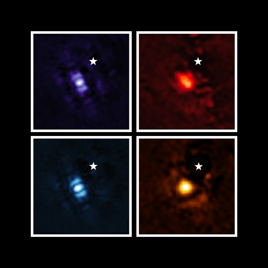 This image shows the exoplanet HIP 65426 b in different bands of infrared light, as seen from the James Webb Space Telescope: purple shows the NIRCam instrument’s view at 3.00 micrometers, blue shows the NIRCam instrument’s view at 4.44 micrometers, yellow shows the MIRI instrument’s view at 11.4 micrometers, and red shows the MIRI instrument’s view at 15.5 micrometers. A set of masks within each instrument, called a coronagraph, blocks out the host star’s light so that the planet can be seen. The small white star in each image marks the location of the host star HIP 65426, which has been subtracted using the coronagraphs and image processing. The bar shapes in the NIRCam images are artifacts of the telescope’s optics, not objects in the scene. Courtesy of NASA/ESA/CSA, A Carter (UCSC), the ERS 1386 team, and A. Pagan (STScI).