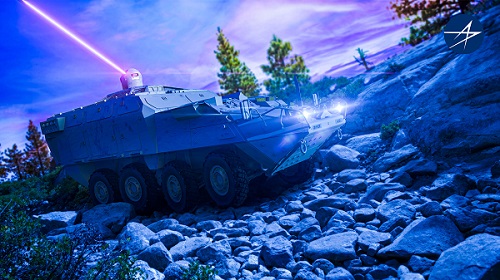 Artist depiction of Lockheed Martin’s DEIMOS laser system integrated with a Stryker combat vehicle. Courtesy of Lockheed Martin. 