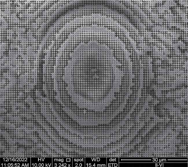 A top-down scanning electron microscope image shows a focusing splitter with aberration correction based on a metaoptical element that combines multiple functions into a single optical surface. Courtesy of Coherent.