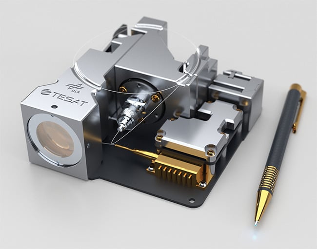 According to TESAT, its CubeL is the smallest optical communications terminal for cubesats dedicated to free-space communications. Courtesy of TESAT.