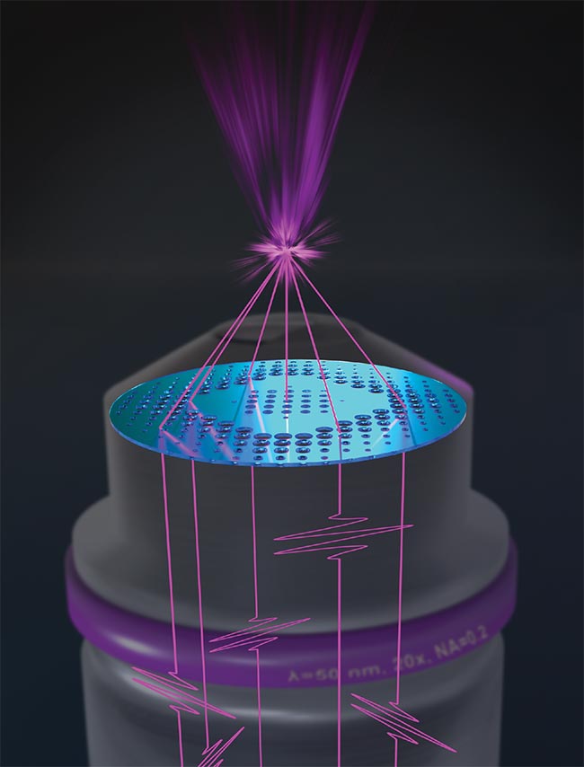 A depiction of a novel metalens focusing extreme ultraviolet (EUV) attosecond light pulses generated by high-harmonic radiation. Researchers believe such metalenses will transform attosecond spectroscopy into a microscopy technology. Courtesy of Harvard SEAS/Second Bay Studios.