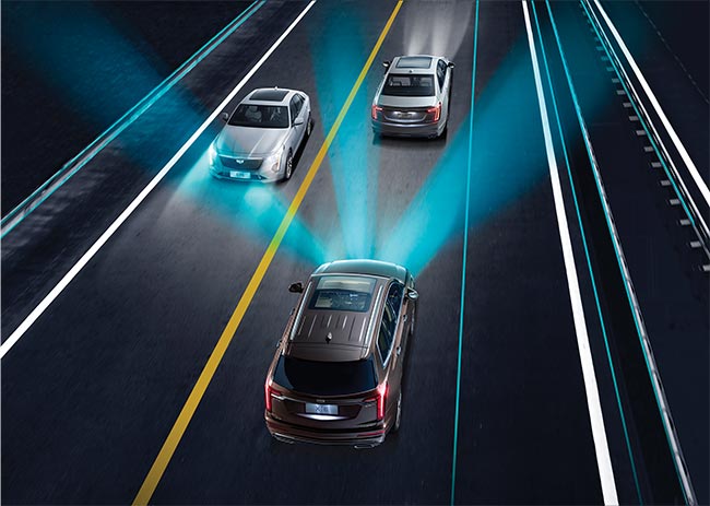 The need for automobiles to illuminate the road runs counter to minimizing glare for other motorists. With the development of headlamps comprising cameras and individually addressable pixels, systems can now actively spare other motorists while still illuminating the road at night. Courtesy of General Motors.