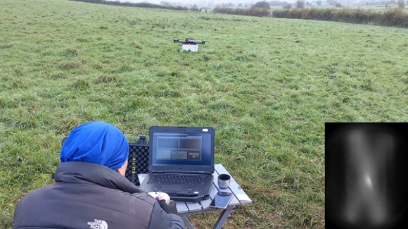 Field trials conducted to validate trapping, cooling, and continuous operation of cold atoms while flying on a quadcopter drone. Courtesy of Aquark Tecnologies. 
