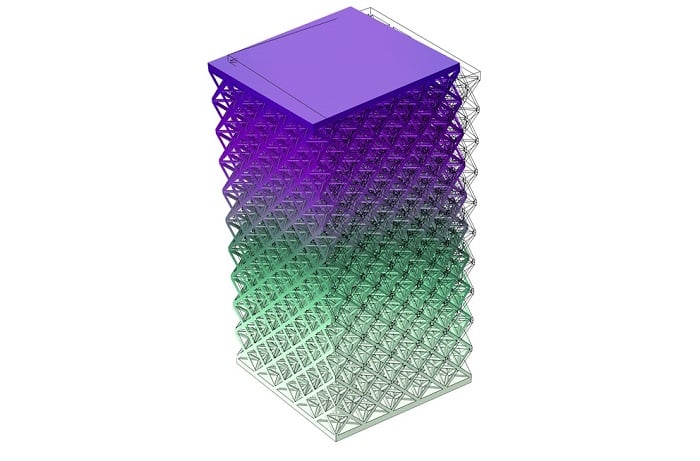 A new MIT technique uses a laser to safely scan a microscopic tower of metamaterial, inducing vibrations that can then be captured with a second laser and analyzed to deduce the structure’s dynamic properties, such as stiffness in response to impact. Courtesy of MIT.