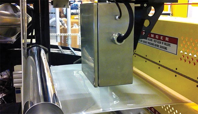 A measurement of the internal ethylene-vinyl alcohol copolymer (EVOH) oxygen barrier is crucial for this extruded plastic product to prevent spoilage in thermoformed containers. Online process control with a Luna terahertz sensor generates cost savings by shortening startup time and minimizing EVOH usage. Courtesy of Luna Innovations.