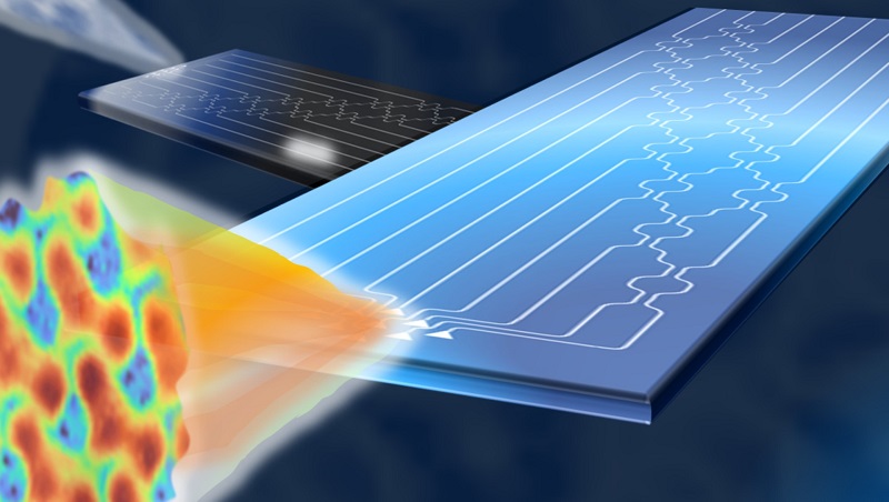 A photonic chip developed by a group of international researchers is able to calculate the optimal shape for light to pass through any environment, even one that is unknown or changing over time. Courtesy of Politecnico di Milano.