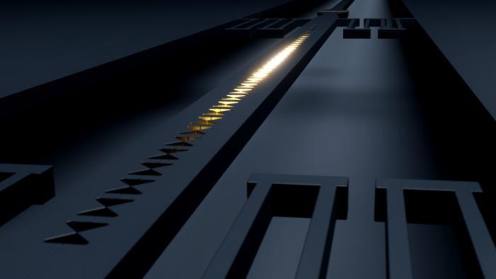 The self-assembled cavity can be integrated into larger, self-assembled components for routing light around an optical chip. The figure shows the optical cavity embedded in a circuit containing multiple self-assembled elements. Courtesy of Thor A. S. Weis.