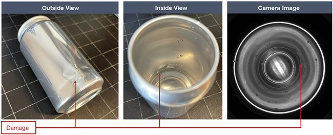 Dent damage to a single can, as seen from the outside, inside, and from the camera image. Courtesy of Teledyne DALSA.