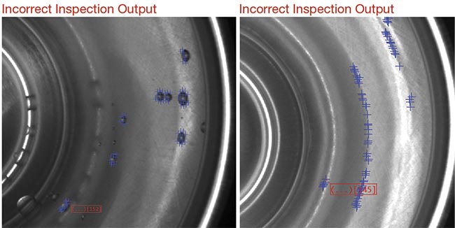 A rule-based inspection algorithm falsely identifies water droplets as damage on a good sample (left). A rule-based inspection algorithm falsely identifies brightness variation as damage on a good sample (right). Courtesy of Teledyne DALSA.