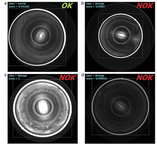 The images show results from an AI classification model showing a good part correctly identified with large degree of perspective shift (a); a bad part correctly identified with scale shift (b); a bad part correctly identified with an overexposed image (c); and a bad part correctly identified with an underexposed image (d). NOK: not OK. Courtesy of Teledyne DALSA.