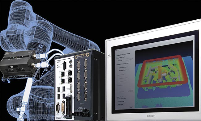 A bin picking system that incorporates a 3D vision-guided cobot. Courtesy of Omron Automation.