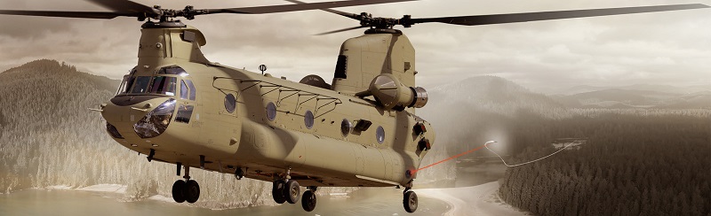 A Chinook helicopter uses a directed energy system to defend itself against an airborne threat. Courtesy of BAE Systems. 