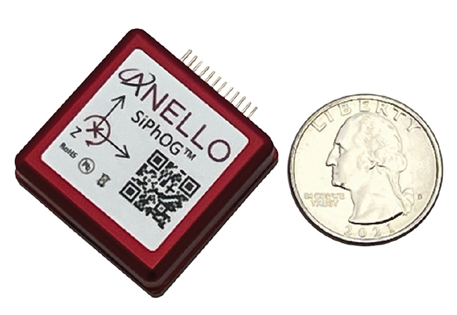 Leveraging silicon photonics technology, new optical gyroscopes are able to integrate the discrete coupler/circulator, detector, and modulator in a smaller form factor. An embedded silicon nitride waveguide replaces the conventional fiber spool. Courtesy of ANELLO Photonics.