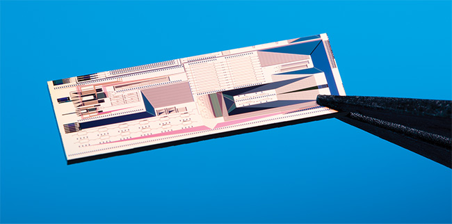 A photonic integrated circuit (PIC) on a chip. Courtesy of imec.