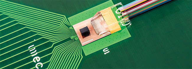 A hybrid CMOS-silicon photonics transceiver prototype developed at imec. Courtesy of Imec.