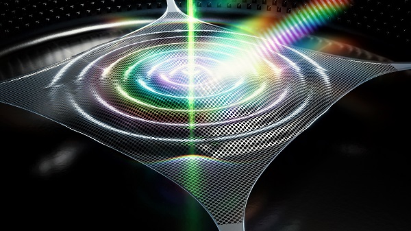 Artists’ impression of the trampoline-shaped sensor. The laser beam passes through the middle of the trampoline membrane creating the overtone vibrations inside the material Courtesy of Sciencebrush.