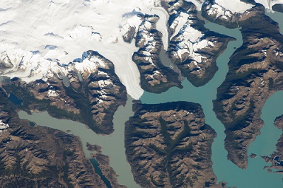 The Perito Moreno Glacier in Argentina as seen from the International Space Station on Feb. 21, 2012. NASA’s Quantum Pathways Institute led by UT Austin will specialize in advancing quantum sensing technology to help scientists understand the movement of ice and water on Earth’s surface. Courtesy of NASA.