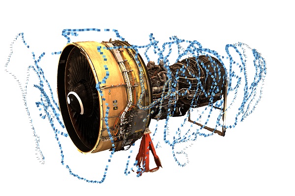 Image of a turbine with the goSCOUT3D scanner’s trajectory depicted by the blue line. Courtesy of Fraunhofer IOF.