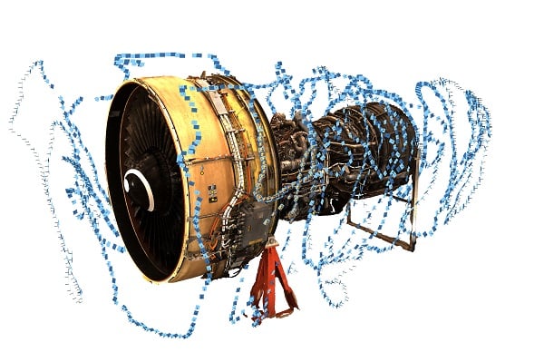Image of a turbine with the goSCOUT3D scanner’s trajectory depicted by the blue line. Courtesy of Fraunhofer IOF.