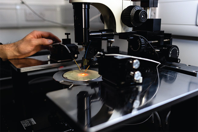 Dynamic pixel-tuning technology can now achieve full-color emission at the wafer level (below). It allows adjustments to both the drive current and pulse width of micro-LEDs to control their luminance and color. Courtesy of Porotech.