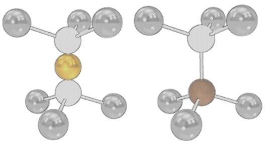 These diagrams of the NV (left) and SiV (right) show their atomic configuration inside the diamond lattice. In each case carbon atoms (silver) are displaced by vacancies (white with black outline) and defect atoms (nitrogen in brown, silicon in gold). Courtesy of AWS Center for Quantum Networking.