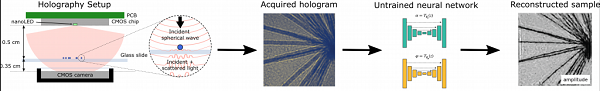 Illustration of the process of image reconstruction using the LED holographic microscope and neural network. Courtesy of Singapore-MIT Alliance for Research and Technology (SMART).