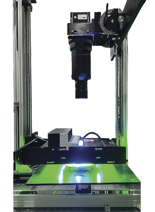 An imaging system designed for semiconductor wafer inspection. The system uses two monochrome cameras and a lighting system to provide bright- and dark-field illumination for accurate detection of nondirectional scratches and other defects. Courtesy of Chromasens.