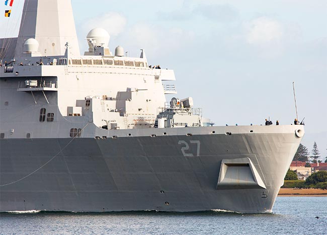 Northrop Grumman’s Laser Weapon System Demonstrator, a 150-kW class laser installed on the U.S. Navy’s USS Portland, is designed to track and defeat hostile drones or small boats. Courtesy of Northrop Grumman.
