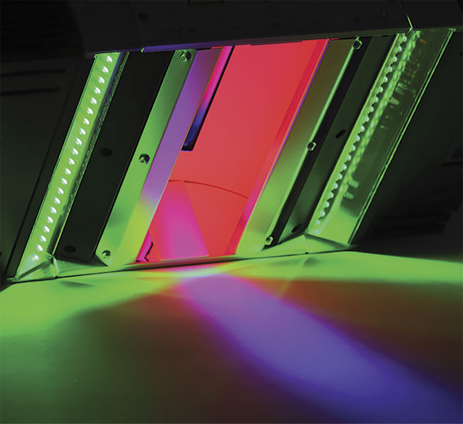 As web speeds increase, so too does the importance of lighting. The Corona II family of lights provides high brightness and a variety of colors to facilitate various high-speed applications. Heat produced by high-intensity settings can be mitigated with water-cooling systems. Courtesy of Chromasens.