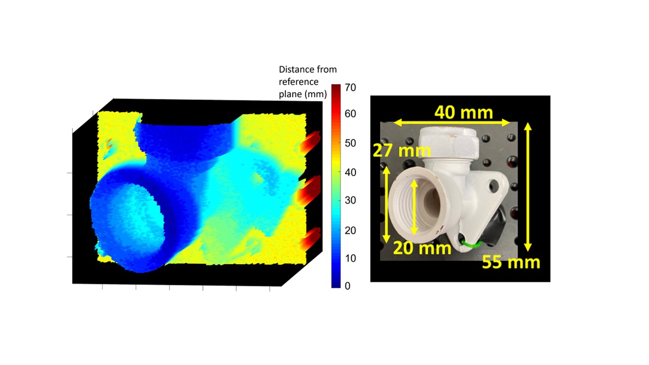 Researchers developed a lidar system that uses quantum detection technology that can capture 3D images while submerged underwater. They demonstrated the system by using it to capture a 3D image (left) of a pipe (right). The scan was obtained in low scattering conditions with the single-photon system submerged in a tank. Courtesy of Aurora Maccarone, Heriot-Watt University.