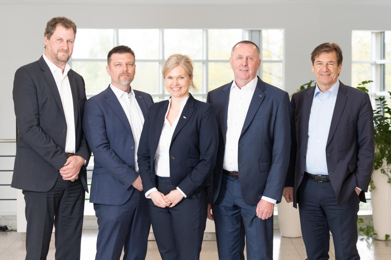 The new board of directors of Laser Zentrum Hannover. From left, Uwe Morgner, Dietmar Kracht, Lena Bennefeld, Stefan Kaierle and Volker Schmidt. Courtesy of LZH.