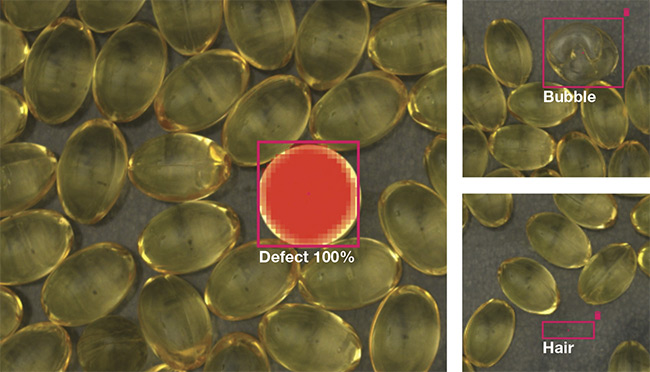 Advanced AI is augmenting visual inspections, including those of medications. An AI-aided vision system performs a baseline inspection to identify a defect, as well as to elaborate on the nature of the defect (a bubble) and other abnormalities, such as the presence of a potential contaminant (hair). Courtesy of PEKAT VISION.
