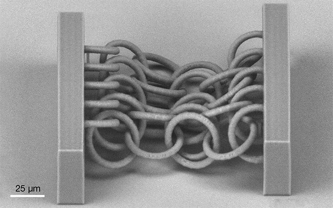 Standard 3D printing struggles to produce functionally intertwined structures, such as chain mail, because these structures must be supported physically during production. Multiphoton polymerization techniques, in contrast, can print structures suspended inside a gel or liquid monomer, which allows for support-free 3D printing. Courtesy of Femtika.