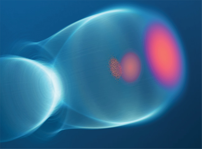 A laser pulse (red) fired into a plasma accelerates electrons (orange) in its wake (blue). A second laser pulse scatters off the electron bunch to produce x-rays. Courtesy of DESY, Ángel Ferran Pousa.