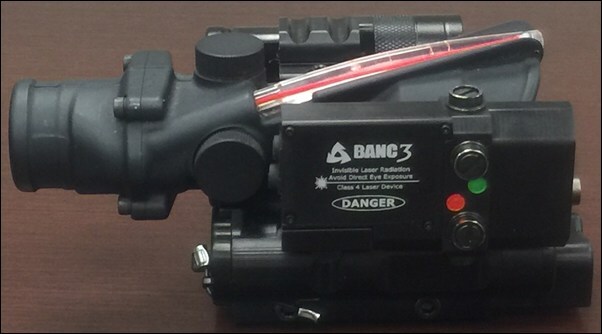 BANC3 Army Pre-Shot Optical Threat Detection, with integrated laser range finder. Small SWAP integrated powered rail system ideal to be mounted on a Picatinny Rail. Courtesy of BANC3.