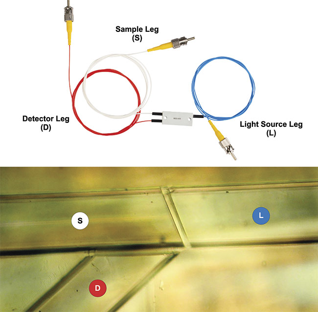 Wavelength division multiplexer probes allow for a variety of fibers to be used along with a dichroic filter to deliver excitation and collect emission from a selected wavelength. Courtesy of SEDI-ATI.