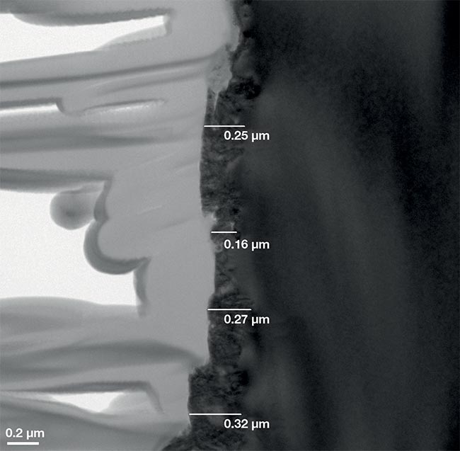 Figure 1. Transmission electron microscopy cross section of laser-micromachined silicon shows the crystallized slabs to be limited to less than a few hundred nanometers. Courtesy of TESCAN ORSAY HOLDING.