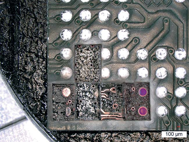 Figure 2. Preparation of a ball-grid array with different laser ablation depths — from the removal of single solder balls to layer-by-layer ablation. Courtesy of TESCAN ORSAY HOLDING.