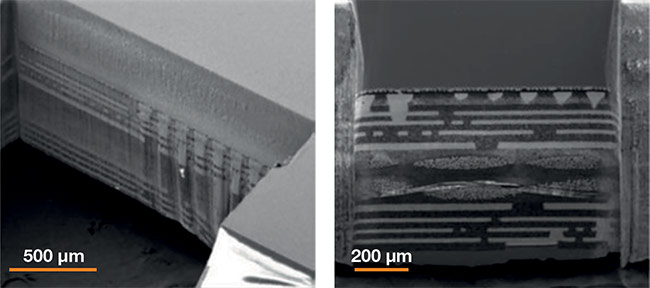 Figure 4. Cross section on a flip-chip package. A 2-mm bulk trench prepared with the laser (left). A 1-mm-wide section polished with a plasma focused ion beam (FIB) (right). Courtesy of TESCAN ORSAY HOLDING.