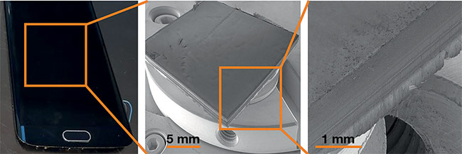 Figure 5. Preparation of active matrix organic light-emitting diode (AMOLED) display samples for physical failure analysis (PFA). Whole AMOLED display to be analyzed (left). A 20 × 20-mm sample extracted from the whole display using laser ablation (center). Detail of one of the side walls of the sample showing no delamination and negligible debris (right). Courtesy of TESCAN ORSAY HOLDING.