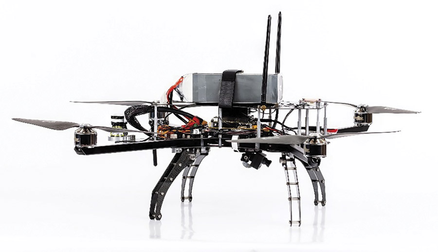 A drone equipped with a high-resolution camera and an onboard processer. This prototype demonstrated the ability to classify utility poles as damaged or undamaged after a natural disaster. Courtesy of Oak Ridge National Laboratory.