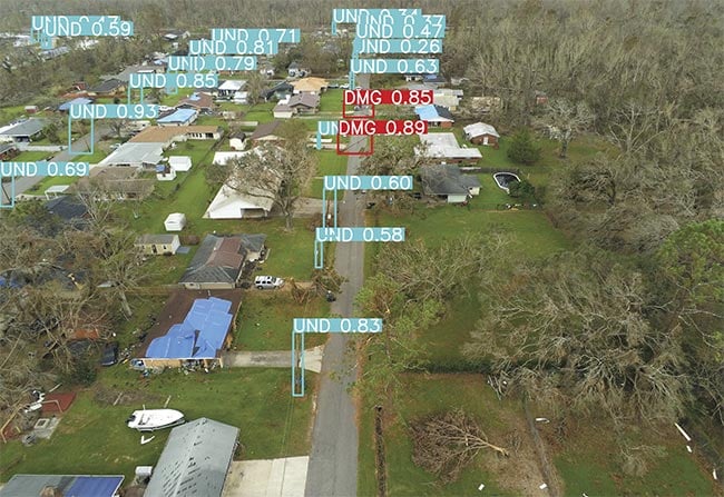   Drone images enable onboard assessment of utility poles (blue bounding boxes) as damaged or not, speeding up recovery. Courtesy of Oak Ridge National Laboratory.
