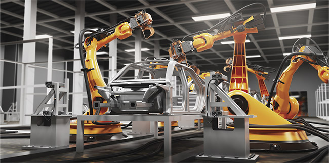 3D illustration of an automobile production line using robots to work in smart factories. Courtesy of Stock.com.