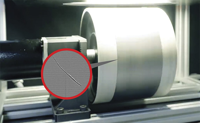 A scratch in an electrode coating. The growing number of electric vehicles means automobile manufacturers must complete new inspections, and they may turn to AI to carry out these inspections. Courtesy of Cognex.