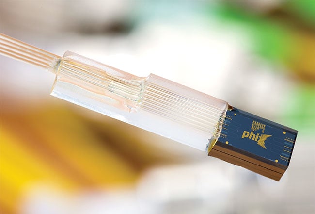 A PHIX silicon nitride spot size converter (SSC) with a configurable mode field is attached to a fiber array. The SSC has configurable input and output mode field sizes, based on how much material is polished away from the optical facets before assembly. Unlike single-fiber mode field solutions, SSCs offer an alternative that scales better with channel count. Courtesy of PHIX Photonics.