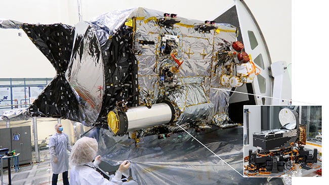 The Deep Space Optical Communications (DSOC) flight transceiver is inside a large tube-like sunshade and telescope on the Psyche spacecraft, as seen here inside a clean room at JPL. An earlier photo, inset, shows the transceiver assembly before it was integrated with the spacecraft. Courtesy of NASA/JPL-Caltech.