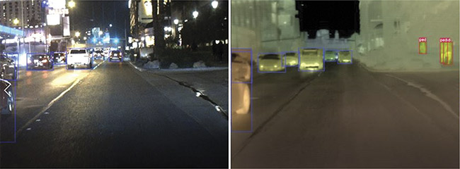 Difficult-to-spot pedestrians lurking in the shadows can be seen using the Owl Thermal Ranger system. Courtesy of Owl Autonomous Imaging.
