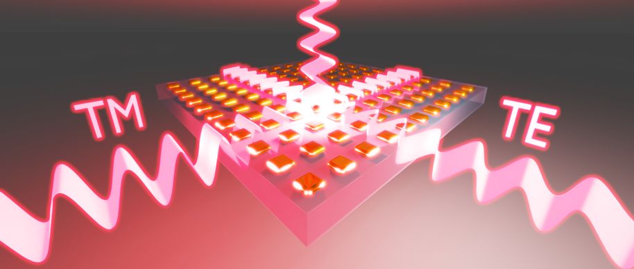 The illustration depicts the coupling of an array of gold nanoparticles and two guided modes of a planar waveguide to create a perfectly lossless resonant metasurface. Courtesy of Radoslaw Kolkowski/Aalto University.