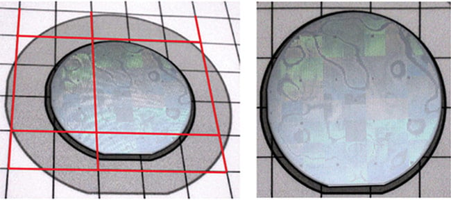 Figure 1. The wafer image (left) was normalized to a rectangular grid before evaluation (right). See Reference 1.. Courtesy of Alpes Lasers and Sensap.